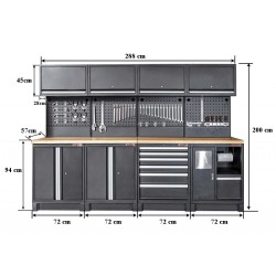 Complete werkplaatsinrichting mat zwart, werkbank + hardhouten blad, gereedschapskast, 6 laden, 288 x 200 cm