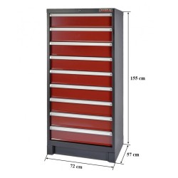 Professionele gereedschapskast donkerrood – werkplaatskast 155 cm. hoog met 9 laden.