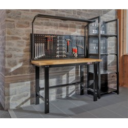 Werkbank 150 cm met gatenwand, gereedschap, LED verlichting en hoge stelling