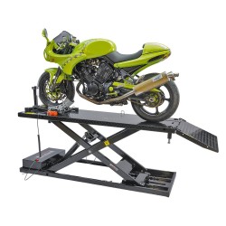 Motorheftafel – motorfiets heftafel elektrisch in hoogte verstelbaar - met wielklem 0377S Motorheftafel – motorfiets heftafel elektrisch in hoogte verstelbaar - met wielklem 0377S