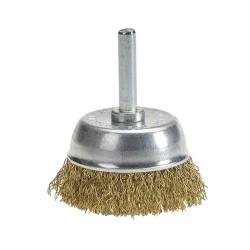 Set van 5 borstels: 2 staalborstels: 50 en 75 mm + 3 komborstels:  25, 50 en 75 mm. Op 6 mm stift met gegolfde staaldraad