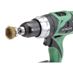 Set van 5 borstels: 2 staalborstels: 50 en 75 mm + 3 komborstels:  25, 50 en 75 mm. Op 6 mm stift met gegolfde staaldraad