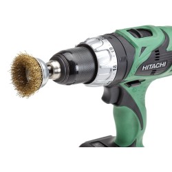 Set van 6 borstels: 1 x 50 mm komborstel +  5 staalborstels:  38 (2x),50,63 en 75 mm. Op 6 mm stift met gegolfde staaldraad