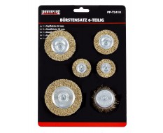 Set van 6 borstels: 1 x 50 mm komborstel + 5 staalborstels: 38 (2x),50,63 en 75 mm. Op 6 mm stift met gegolfde staaldraad