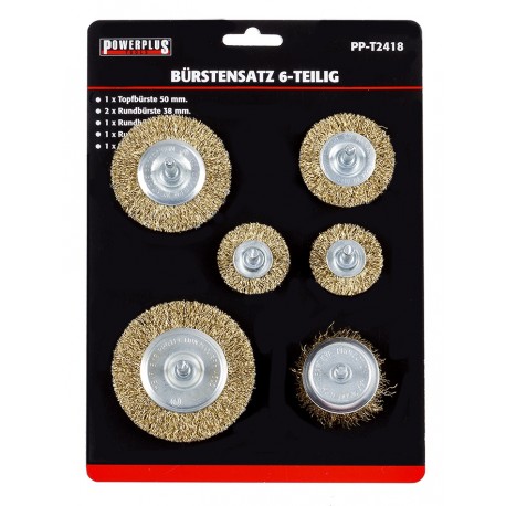 Set van 6 borstels: 1 x 50 mm komborstel + 5 staalborstels: 38 (2x),50,63 en 75 mm. Op 6 mm stift met gegolfde staaldraad