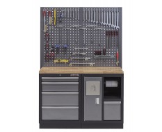 Werkbank set met hardhouten werkblad, gereedschapsbord, afvalbak en 5 laden - 136 x 46 x 94,5 / 199,5 cm.