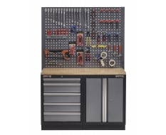 Werkbank set met hardhouten werkblad, gereedschapskast, gereedschapsbord - 5 laden - 136 x 46 x 94,5 / 199,5 cm