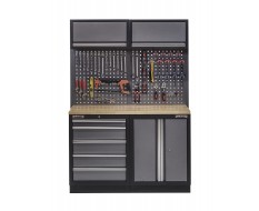 Werkbank set met hardhouten blad, gereedschapskast, gereedschapsbord 2 x hangkast - 5 laden - 136 x 46 x 94,5 / 199,5 cm