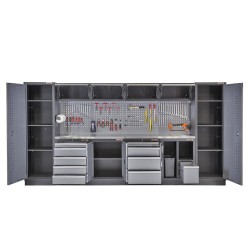 Complete Werkplaatsinrichting, werkbank met metaal omkleed blad, gereedschapskast, gereedschapsbord, 10 laden, 392 x 200 cm. Complete Werkplaatsinrichting, werkbank met metaal omkleed blad, gereedschapskast, gereedschapsbord, 10 laden, 392 x 200 cm.