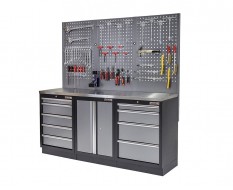 Werkbank set met metaal omkleed blad, werkplaatskast, gereedschapsbord en 9 laden - 204 x 46 x 94,6 cm