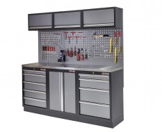 Werkbank set met metaal omkleed blad, werkplaatskast, gereedschapsbord, 3 x hangkast en 9 laden - 204 x 46 x 94,6 cm