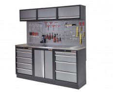 Werkbank set met metaal omkleed blad, werkplaatskast, gereedschapsbord, 3 x hangkast en 9 laden - 204 x 46 x 94,6 cm