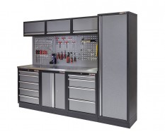 Werkbank set met metaal omkleed blad, werkplaatskast, gereedschapsbord, hoge kast, 3 x hangkast en 9 laden - 204 x 46 x 94,6 cm