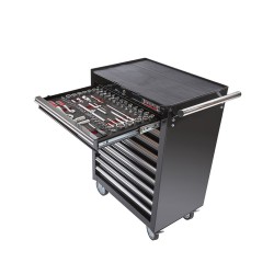 Gereedschapswagen zwart, 9 laden gevuld met gereedschap in foam inleg Gereedschapswagen zwart, 9 laden gevuld met gereedschap in foam inleg