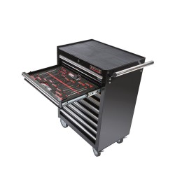 Gereedschapswagen zwart, 9 laden gevuld met gereedschap in foam inleg Gereedschapswagen zwart, 9 laden gevuld met gereedschap in foam inleg