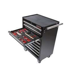 Gereedschapswagen zwart, 9 laden gevuld met gereedschap in foam inleg Gereedschapswagen zwart, 9 laden gevuld met gereedschap in foam inleg