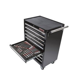 Gereedschapswagen zwart, 9 laden gevuld met gereedschap in foam inleg Gereedschapswagen zwart, 9 laden gevuld met gereedschap in foam inleg