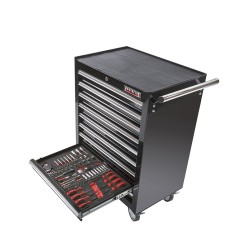 Gereedschapswagen zwart, 9 laden gevuld met gereedschap in foam inleg Gereedschapswagen zwart, 9 laden gevuld met gereedschap in foam inleg