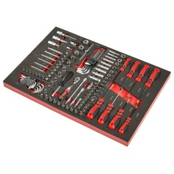 Gereedschapswagen zwart, 9 laden gevuld met gereedschap in foam inleg Gereedschapswagen zwart, 9 laden gevuld met gereedschap in foam inleg